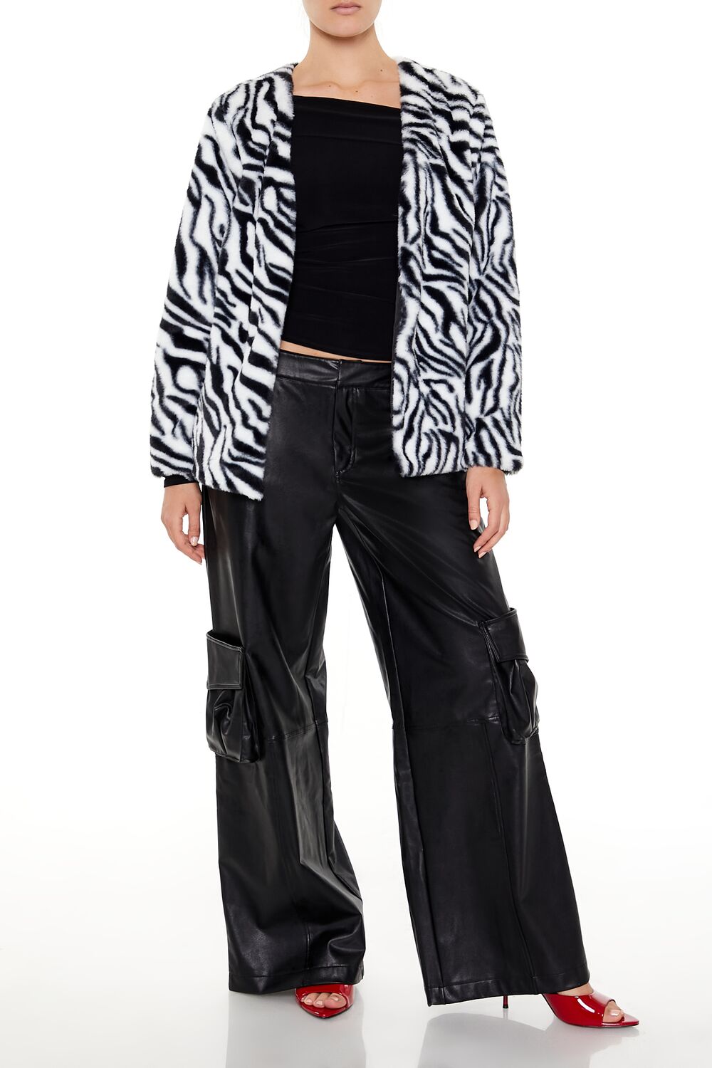  Forever 21 Zebra Print Faux Fur Coat - black-white - Bonton
