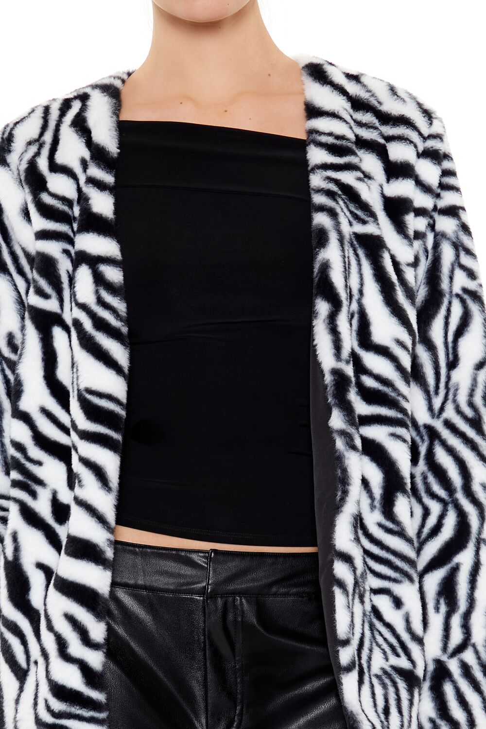  Forever 21 Zebra Print Faux Fur Coat - black-white - Bonton
