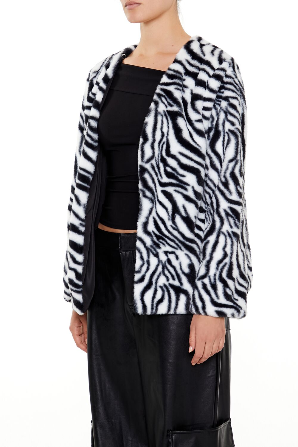  Forever 21 Zebra Print Faux Fur Coat - black-white - Bonton