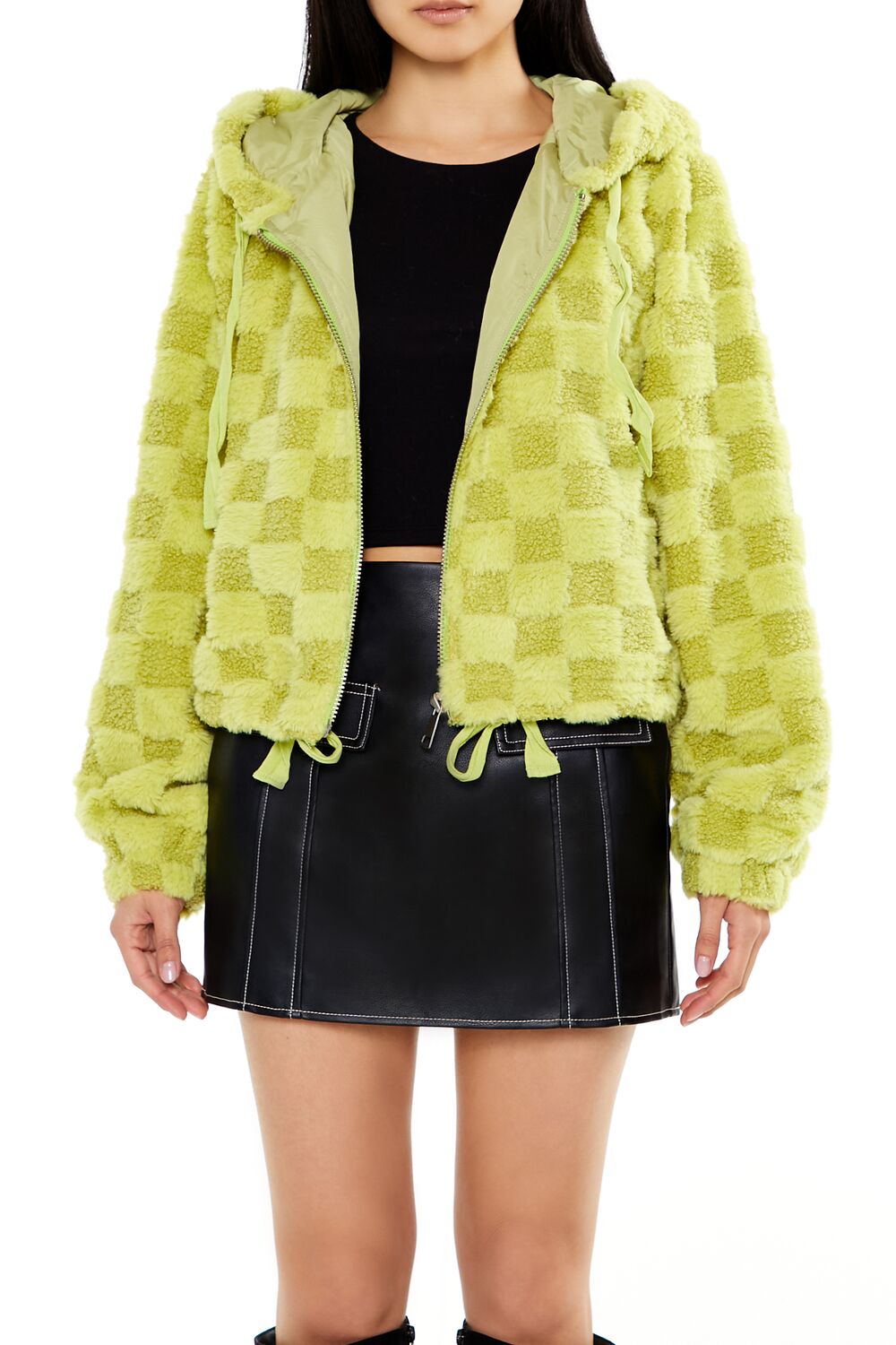  Forever 21 Checkered Faux Shearling Zip-Up Hoodie - lime-swatch - Bonton