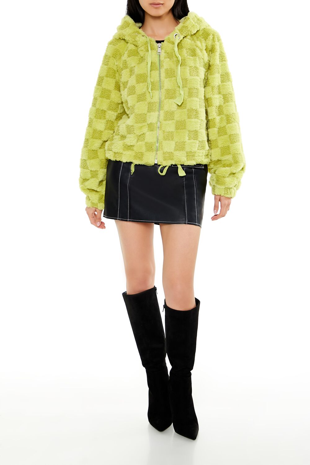  Forever 21 Checkered Faux Shearling Zip-Up Hoodie - lime-swatch - Bonton