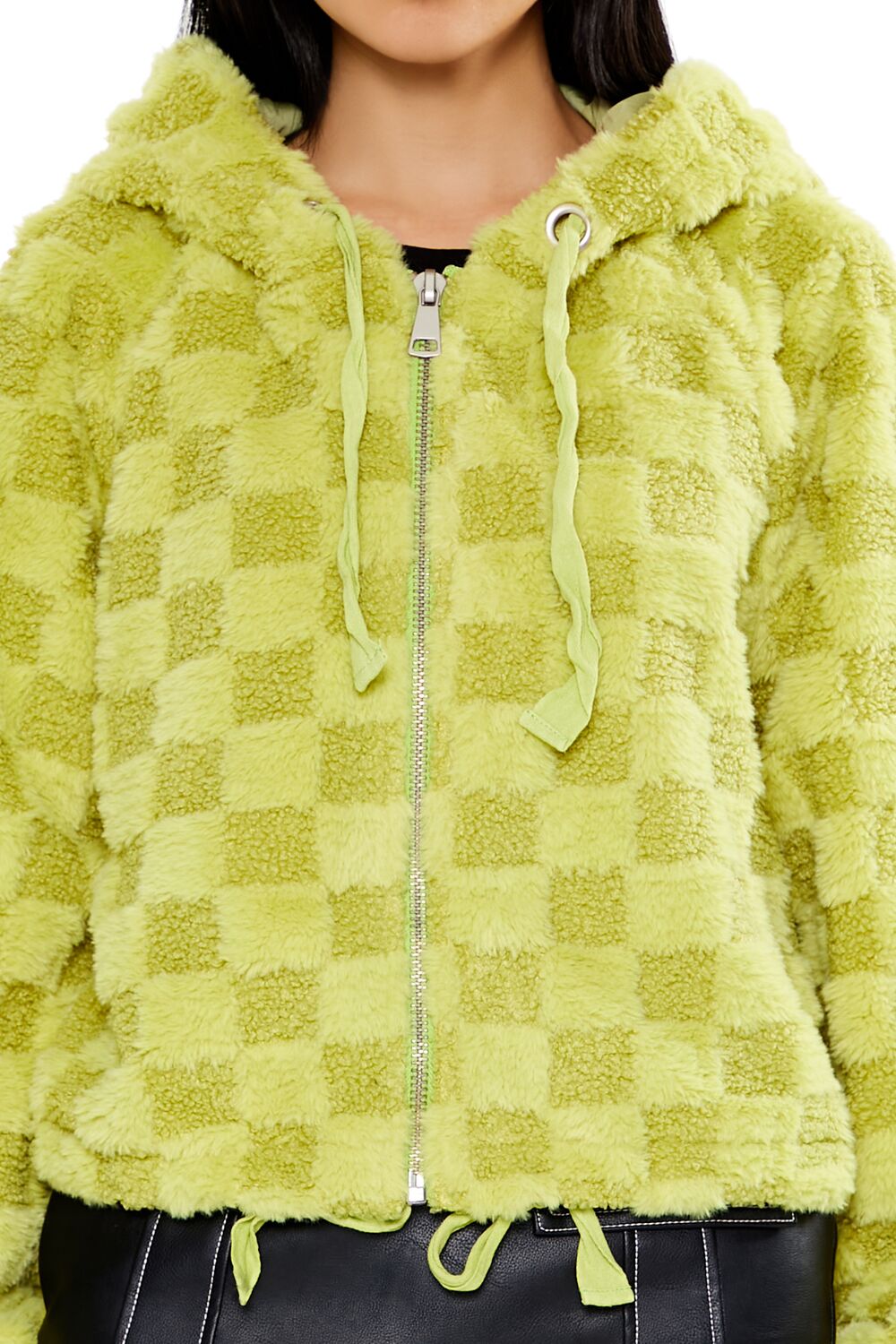  Forever 21 Checkered Faux Shearling Zip-Up Hoodie - lime-swatch - Bonton