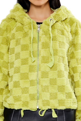 Checkered Faux Shearling Zip-Up Hoodie