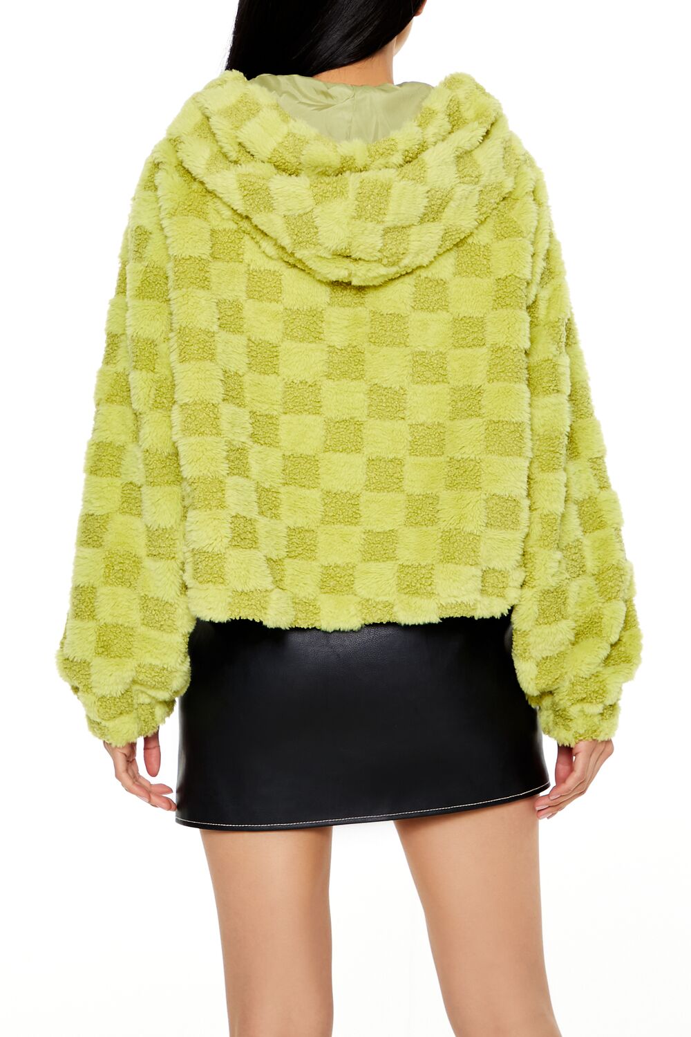  Forever 21 Checkered Faux Shearling Zip-Up Hoodie - lime-swatch - Bonton