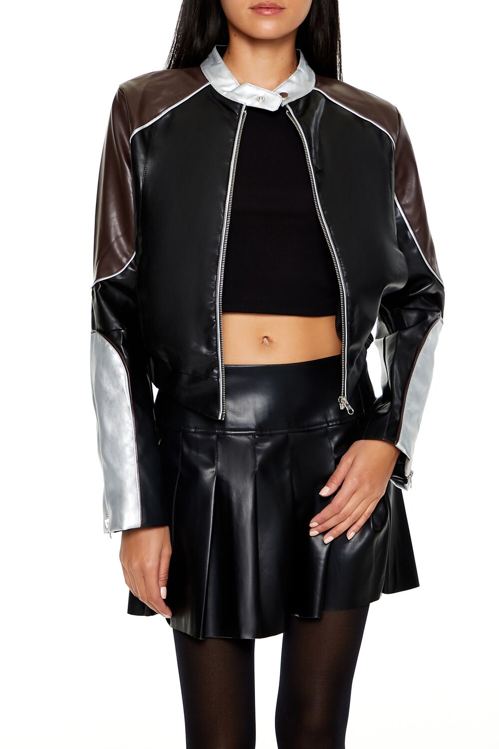  Forever 21 Metallic Colorblock Moto Jacket - black - Bonton