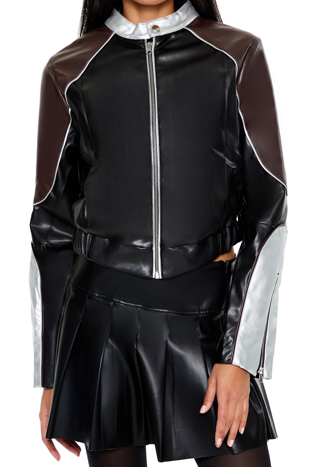  Forever 21 Metallic Colorblock Moto Jacket - black - Bonton