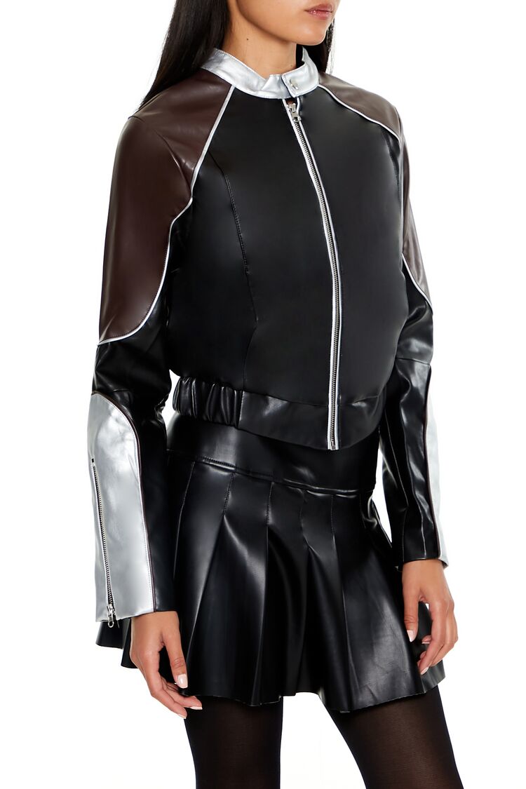  Forever 21 Metallic Colorblock Moto Jacket - black - Bonton