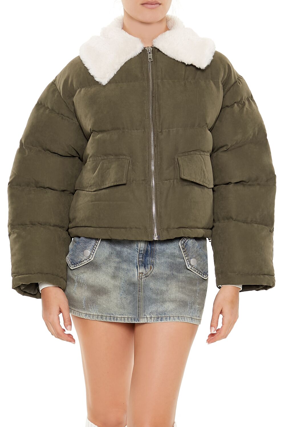  Forever 21 Faux Leather Puffer Jacket - olive - Bonton