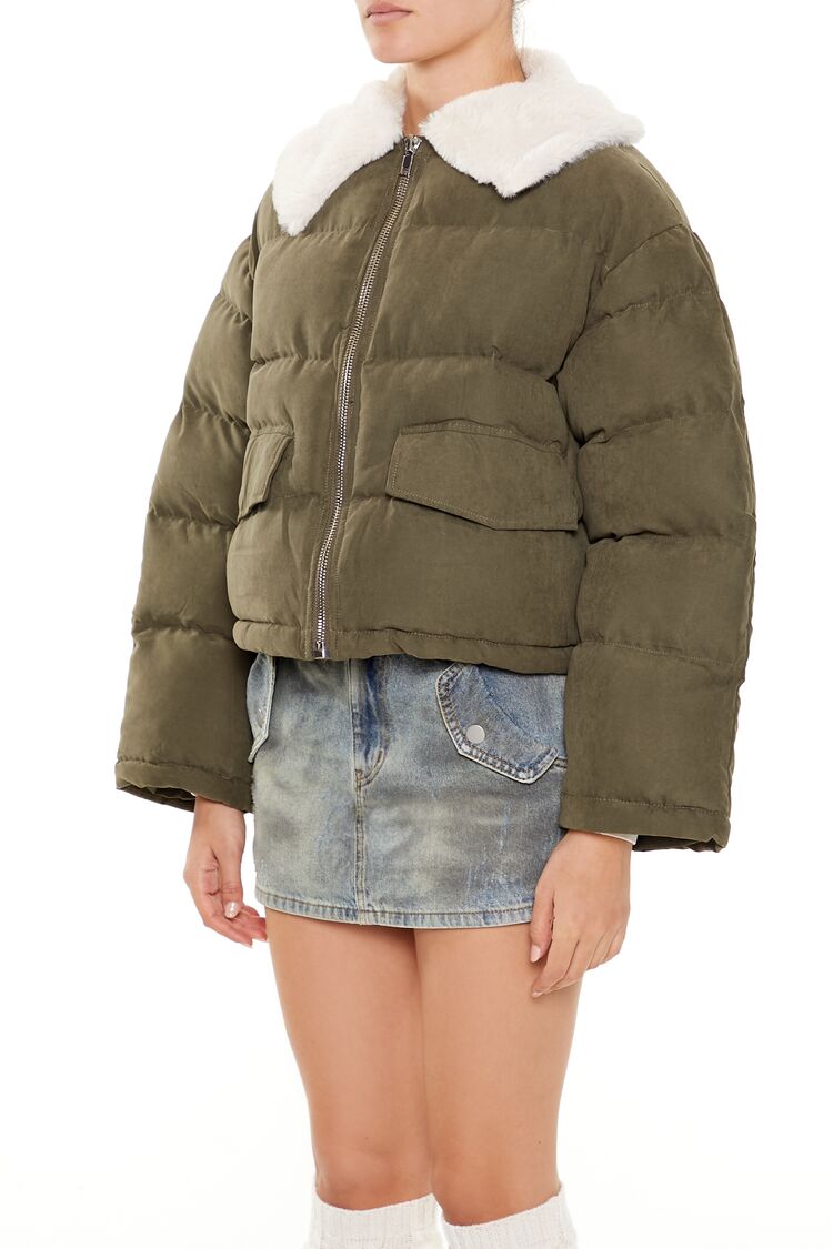  Forever 21 Faux Leather Puffer Jacket - olive - Bonton