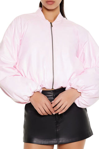 Faux Leather Balloon-Sleeve Jacket