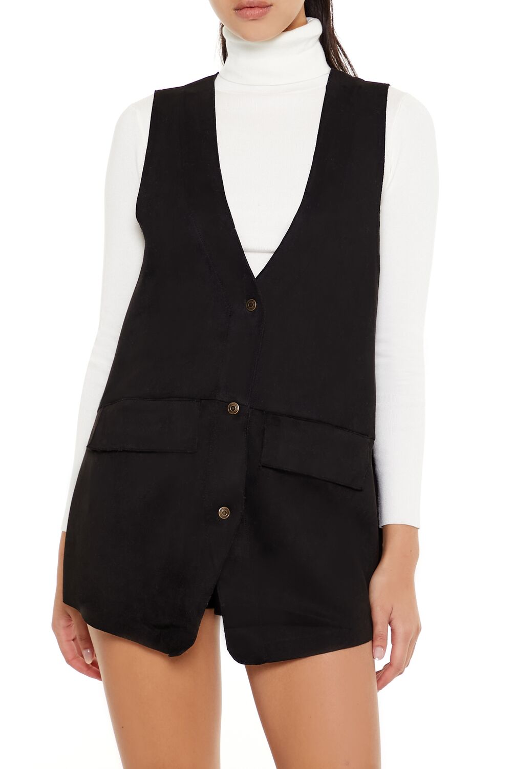  Forever 21 Faux Suede Longline Vest - black-swatch - Bonton