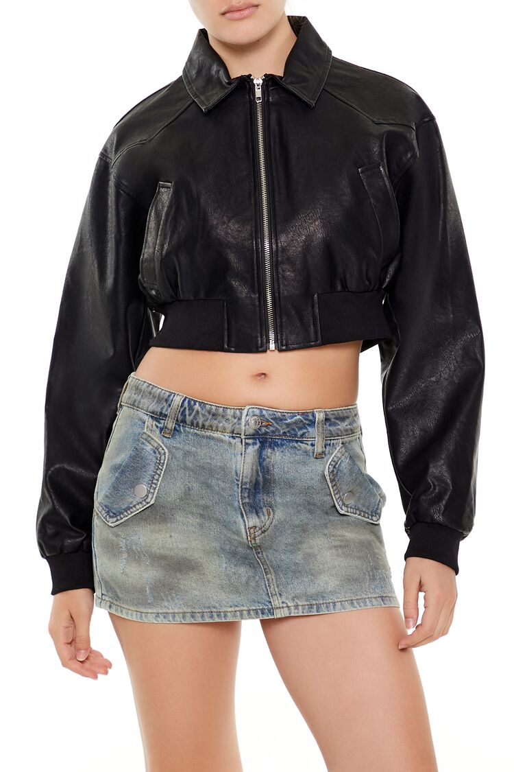  Forever 21 Faux Leather Cropped Jacket - black-swatch - Bonton
