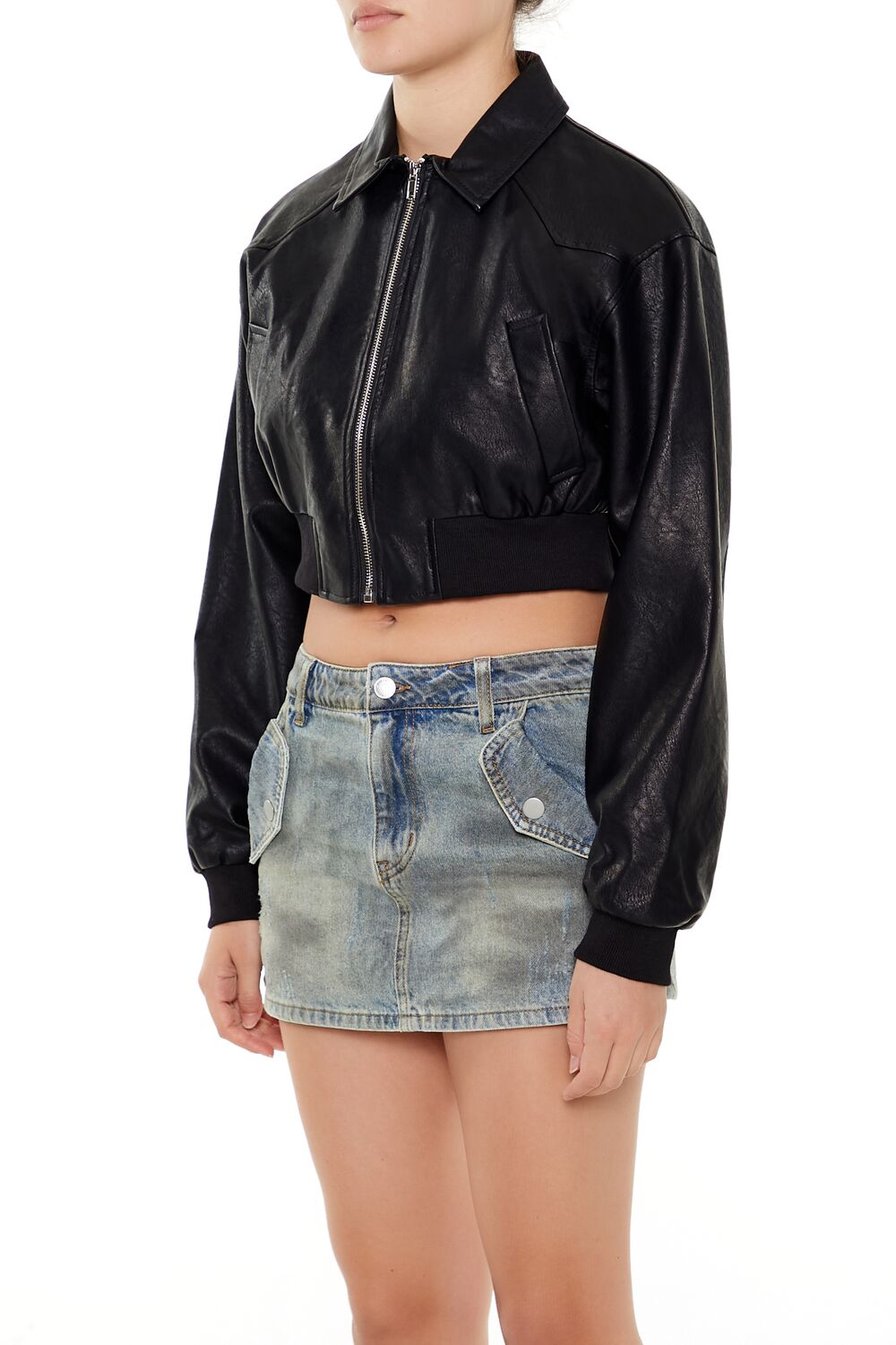  Forever 21 Faux Leather Cropped Jacket - black-swatch - Bonton