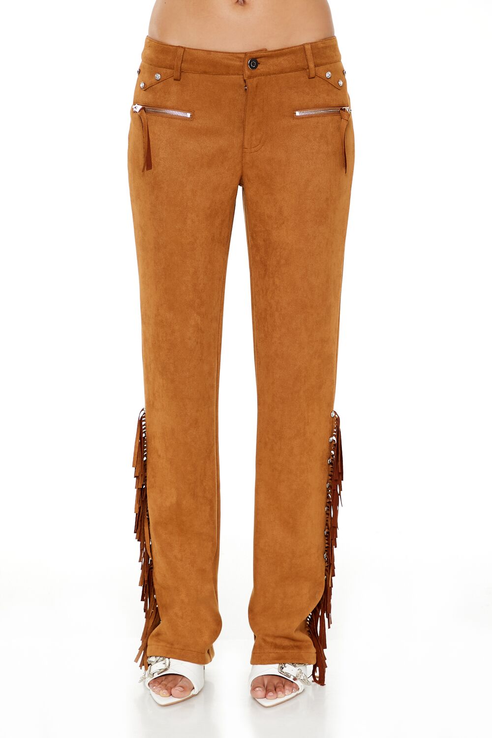  Forever 21 Rhinestone Fringe Faux Suede Pants - pine-bark - Bonton