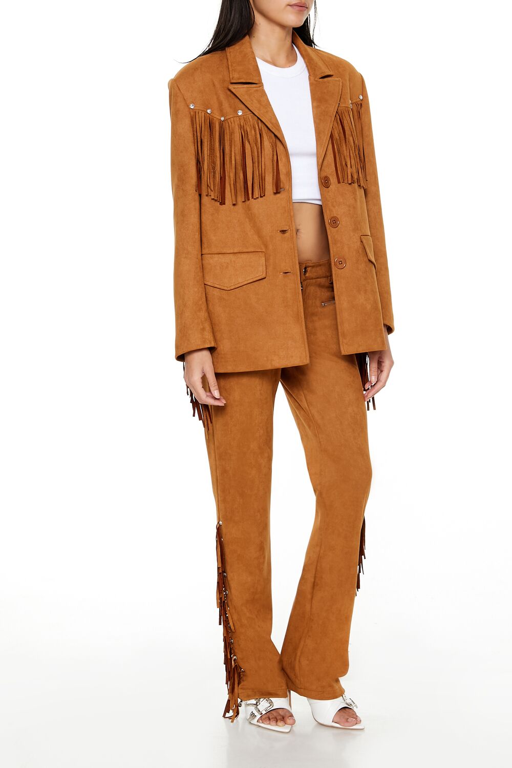  Forever 21 Rhinestone Fringe Faux Suede Pants - pine-bark - Bonton