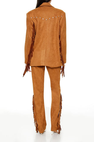 Rhinestone Fringe Faux Suede Pants