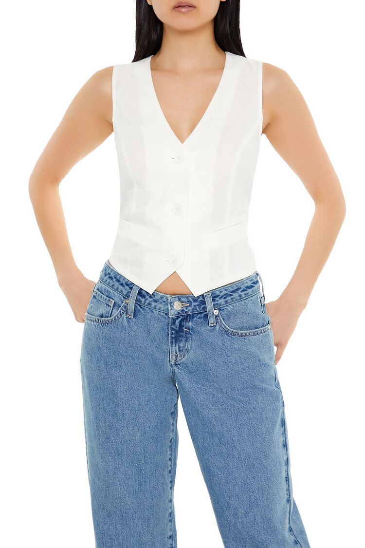  Forever 21 V-Neck Cropped Hem Vest - white - Bonton