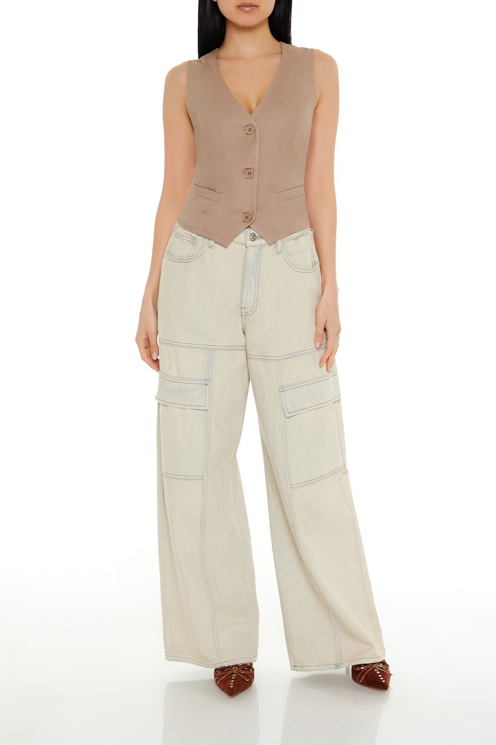 Forever 21 V-Neck Cropped Hem Vest - white - Bonton