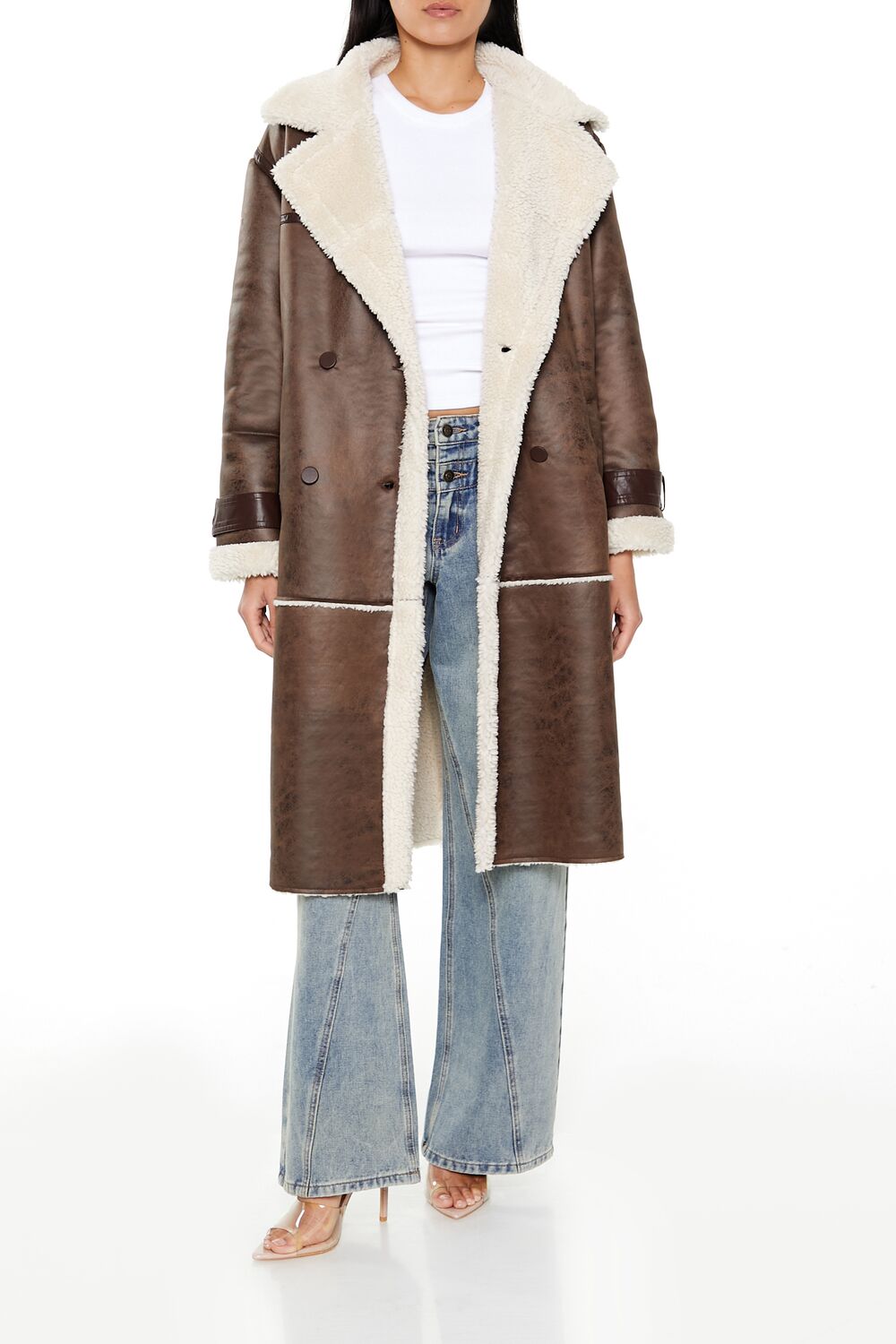  Forever 21 Faux Shearling-Trim Trench Coat - brown-white-swatch - Bonton