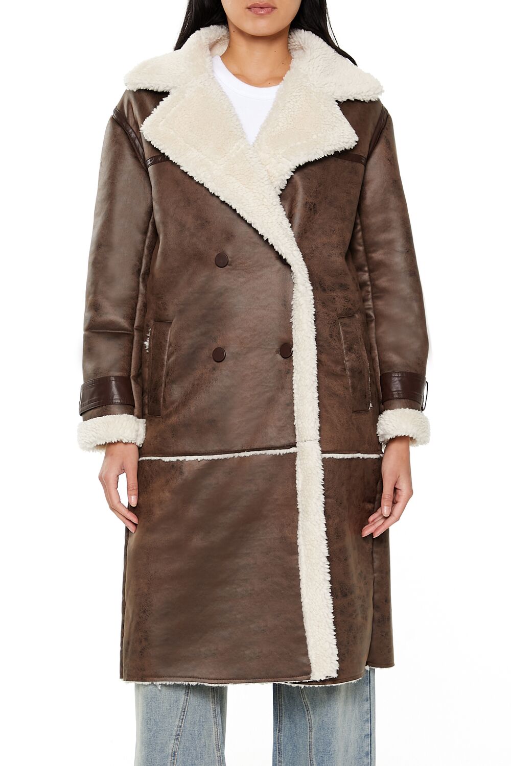  Forever 21 Faux Shearling-Trim Trench Coat - brown-white-swatch - Bonton