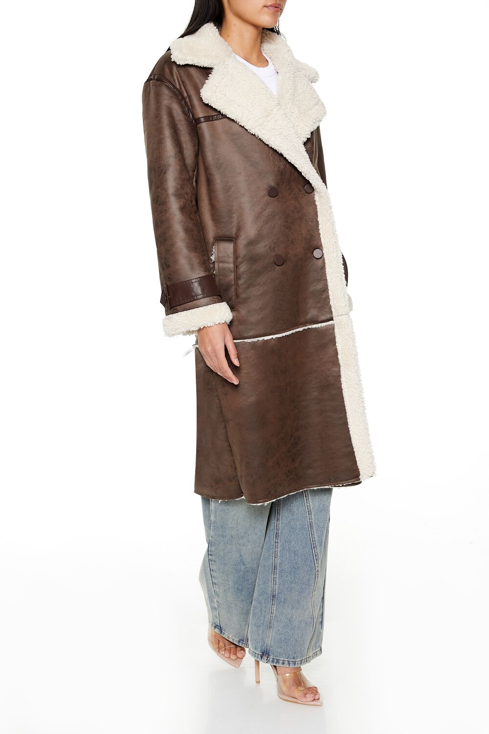  Forever 21 Faux Shearling-Trim Trench Coat - brown-white-swatch - Bonton