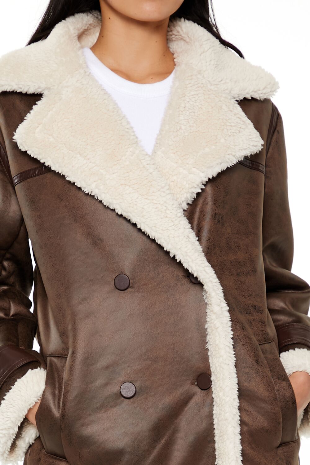  Forever 21 Faux Shearling-Trim Trench Coat - brown-white-swatch - Bonton