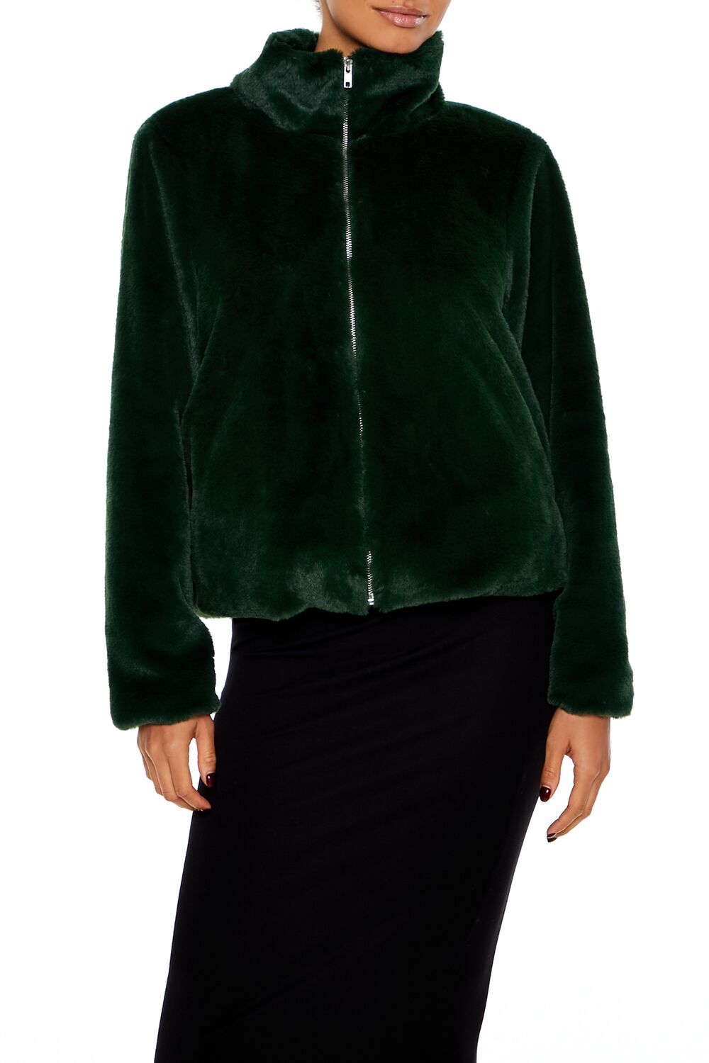  Forever 21 Faux Fur Zip-Up Coat - hunter-green - Bonton