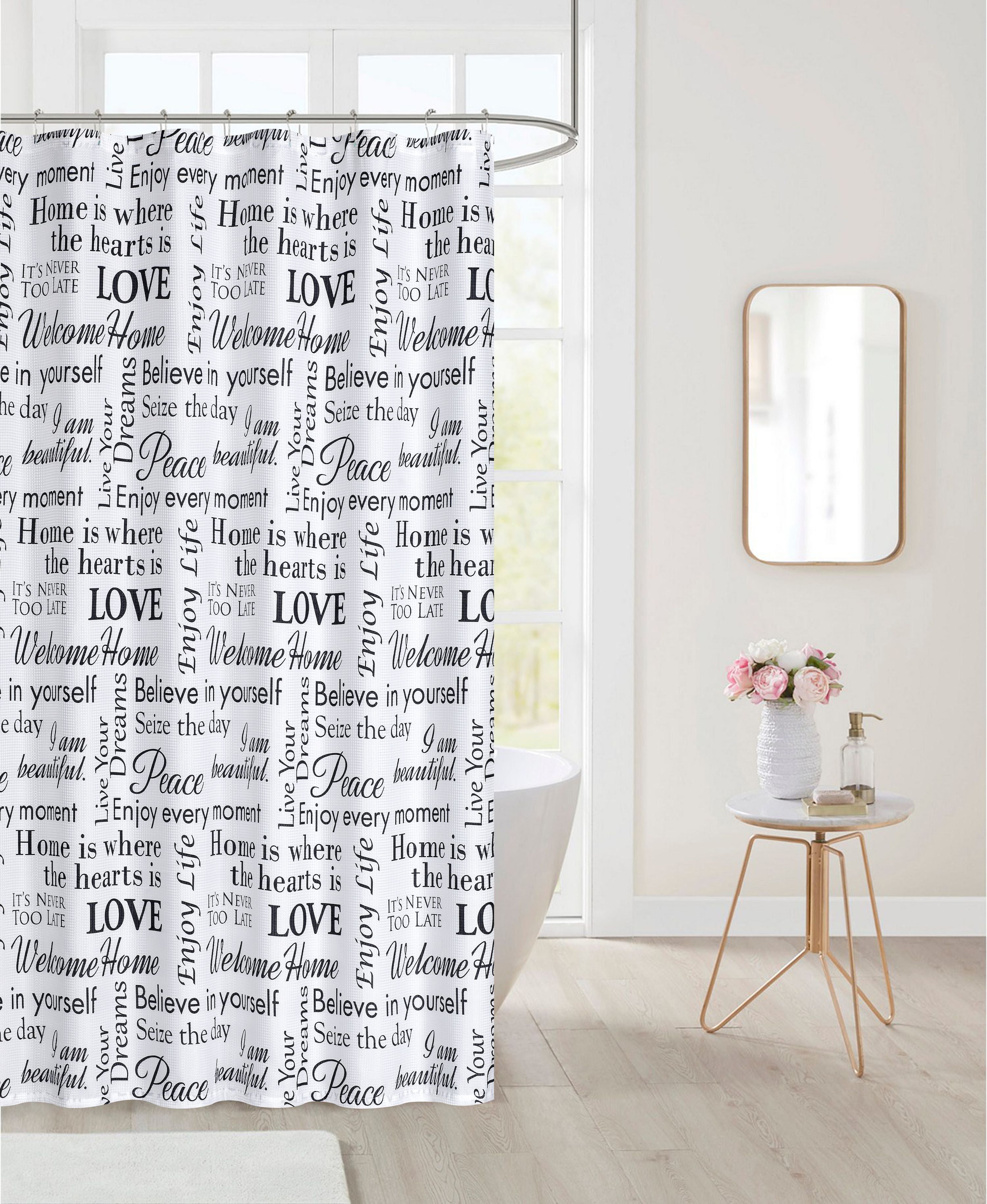  Dainty Home Love Shower Curtain with Hooks 13 Piece Set - Black - Bonton