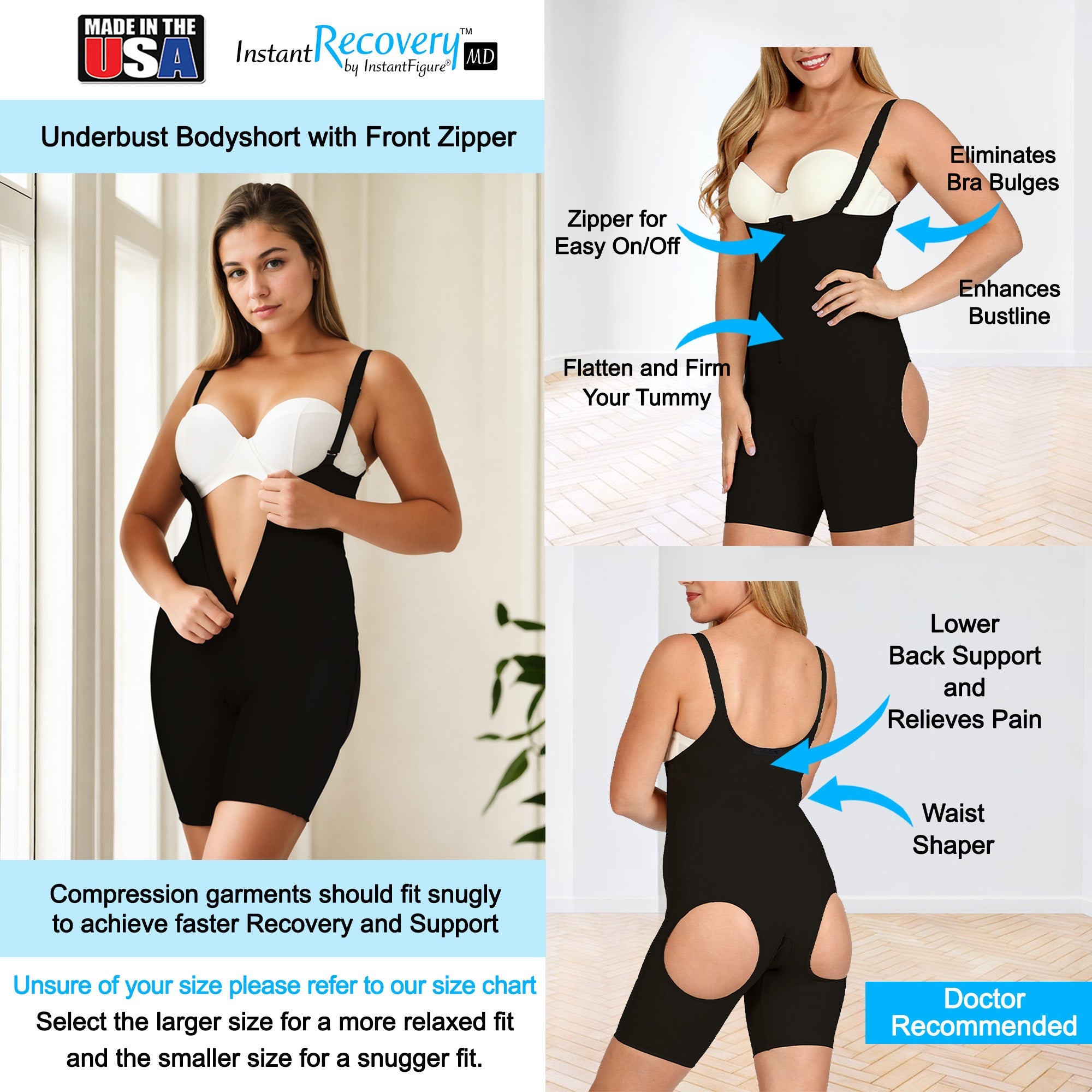  InstantFigure InstantRecoveryMD Underbust Bodyshort With Front Zip MD204 - Black - Bonton