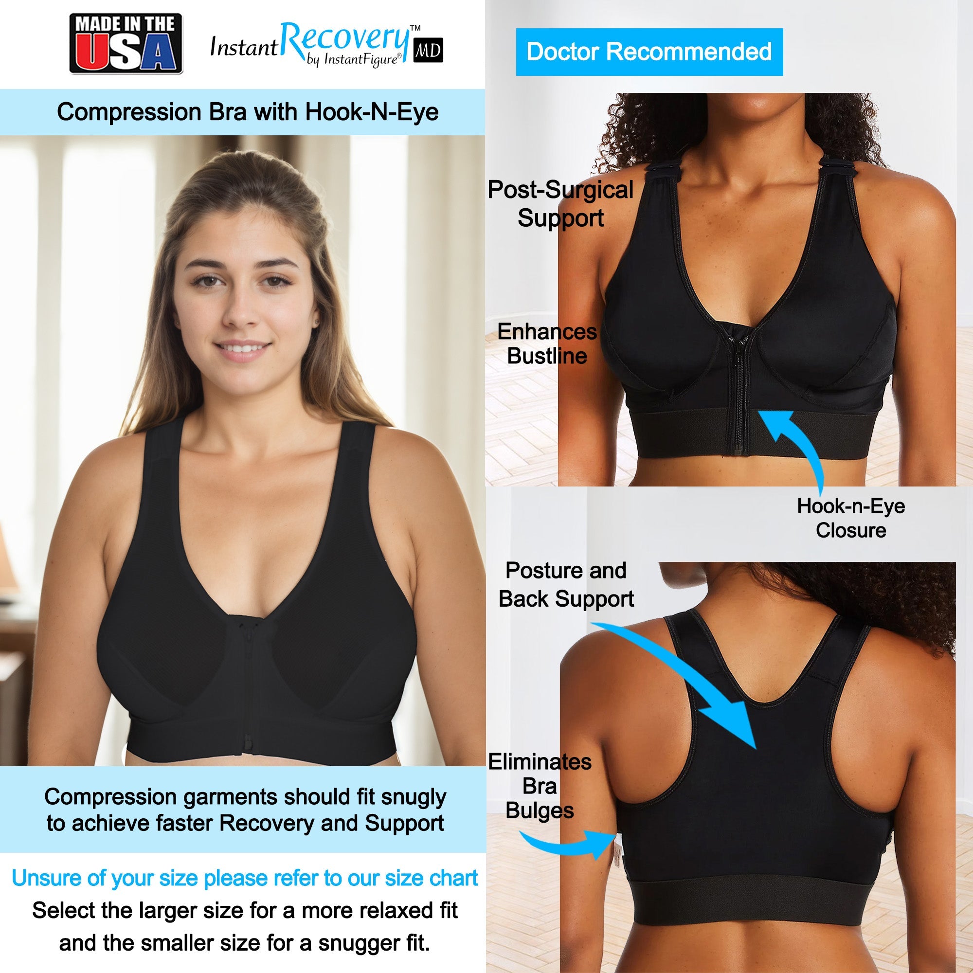  InstantFigure InstantRecoveryMD Compression Bra With Zip and Hook-N-Eye MD227 - Black - Bonton