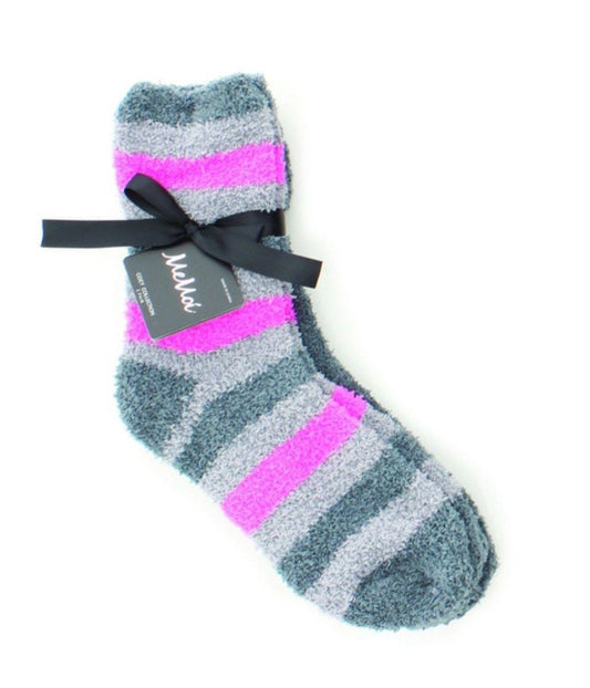 Striped Solid Fuzzy Plush Crew Socks 2 Pack Pink Carnation