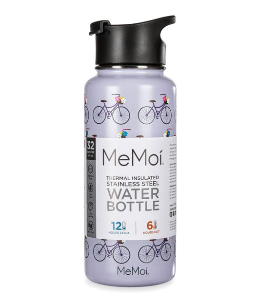 Thermal Insulated Stainless Steel Bicycles Pattern 32 Oz Water Bottle Lavender