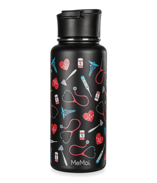 Thermal Insulated Stainless Steel Medical Pattern 32 Oz Water Bottle Black