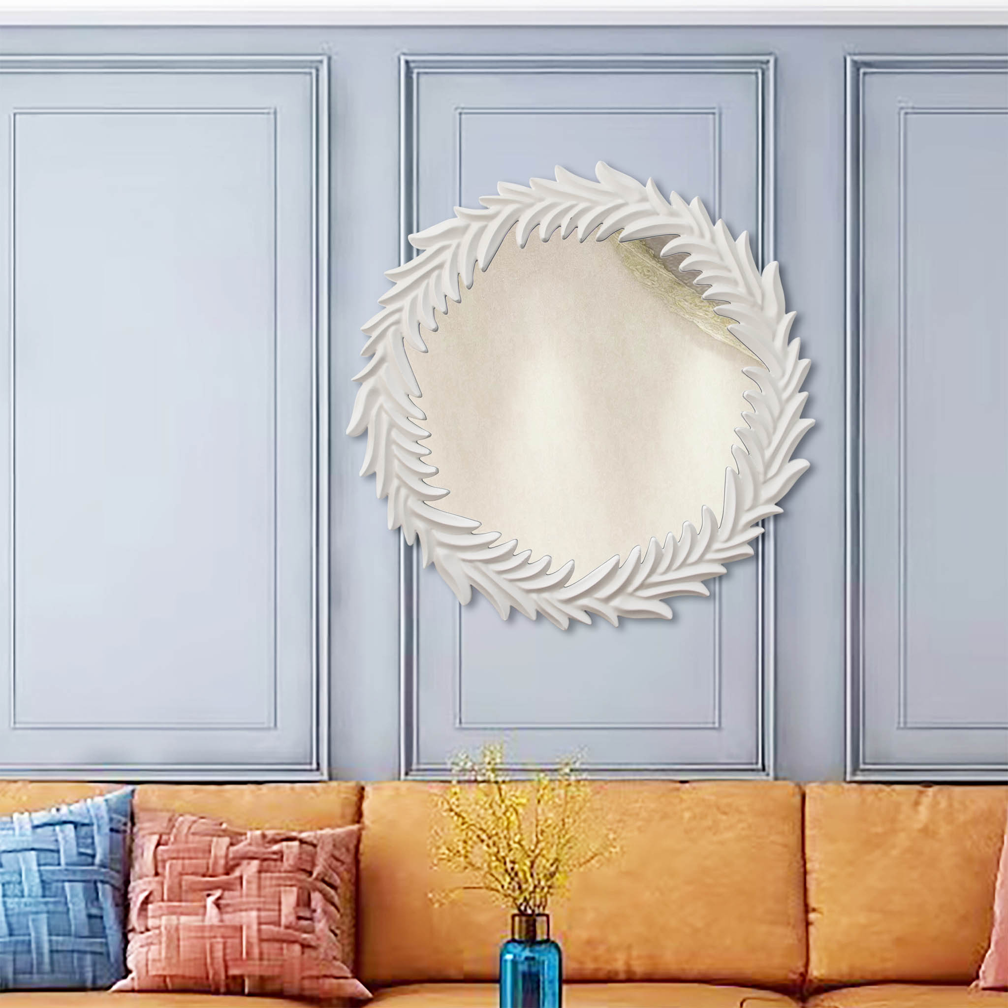  Paris Loft Classic White Wreath Wood Wall Mirror - White - Bonton