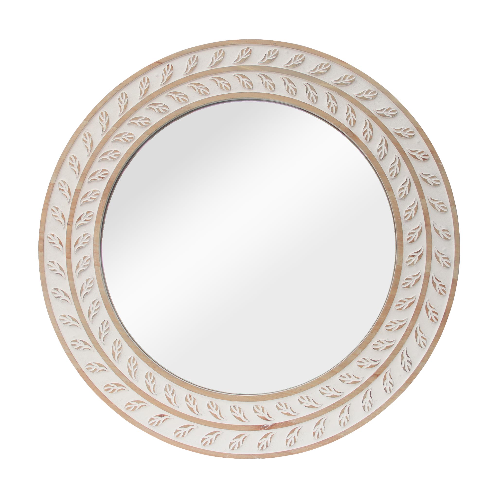  Paris Loft Round Carved Frame Natural & White Wood Wall Mirror - Natural Wood - Bonton