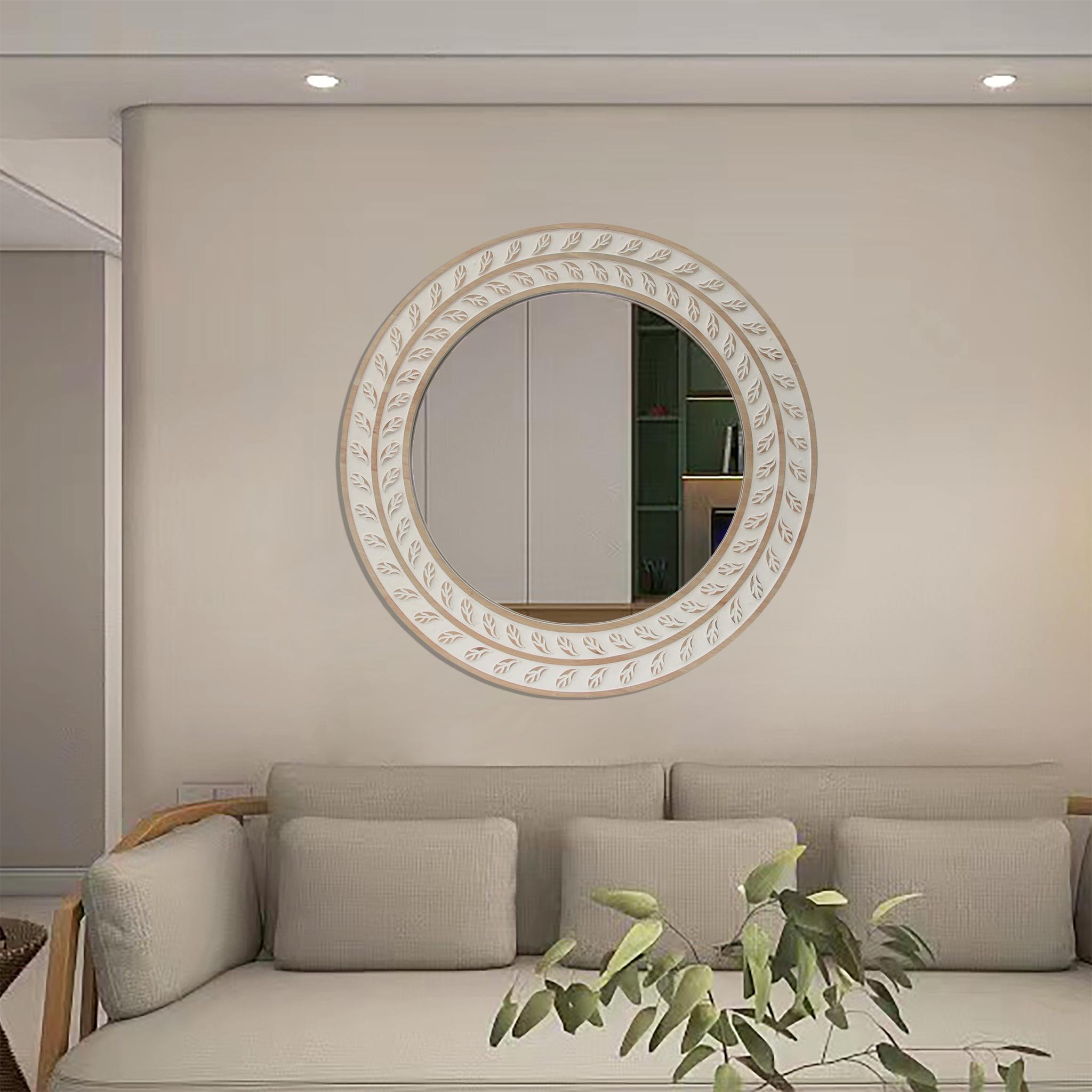  Paris Loft Round Carved Frame Natural & White Wood Wall Mirror - Natural Wood - Bonton