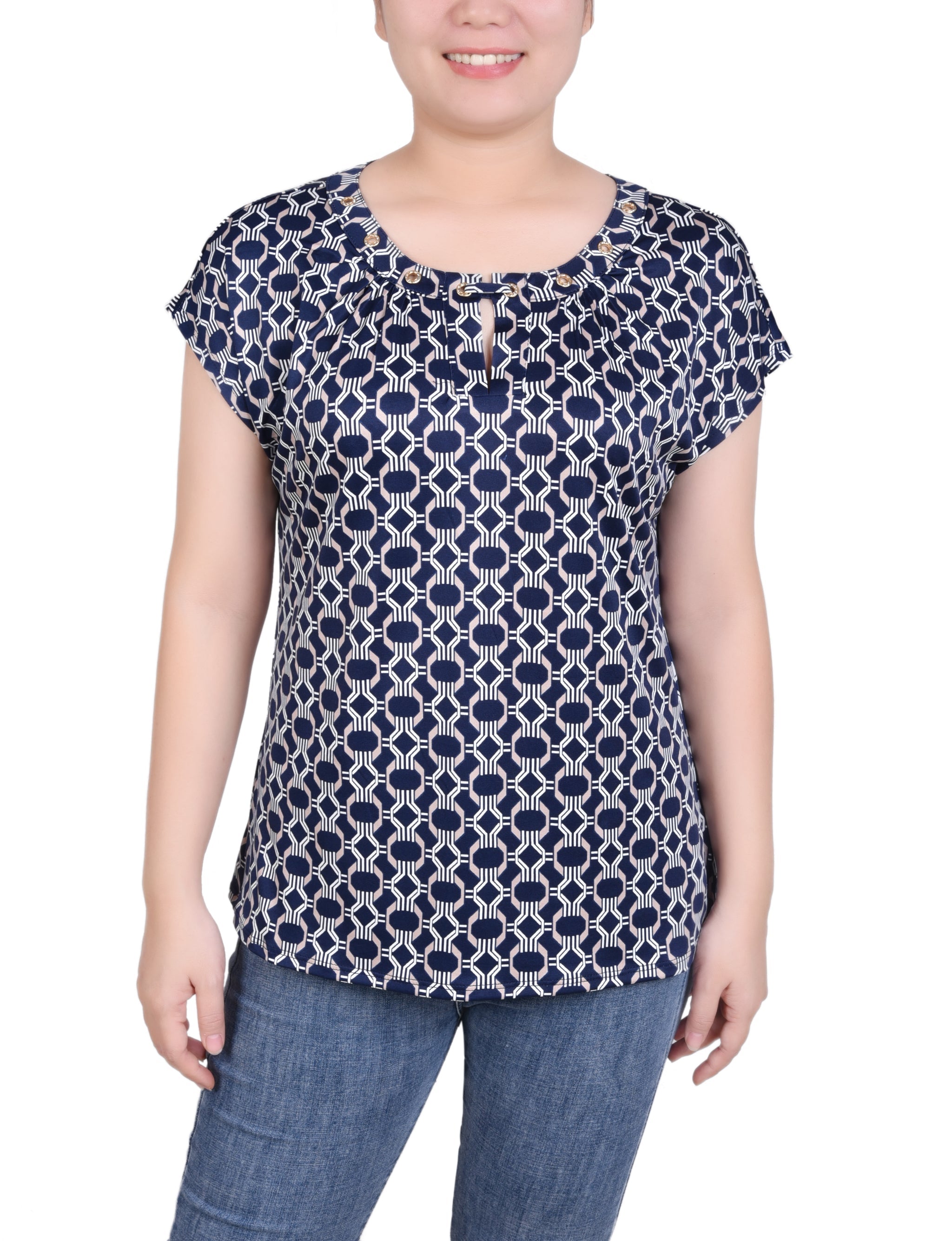  NY Collection Plus Size Extended Sleeve Top With Grommets - Doeskin Black Allie - Bonton