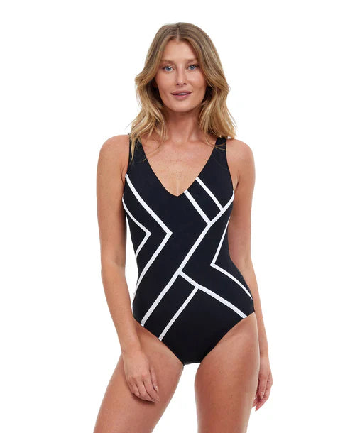  Mirage V-Neck One Piece Swimsuit - Blk/Wht - Bonton