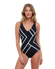 Mirage V-Neck One Piece Swimsuit-Blk/Wht