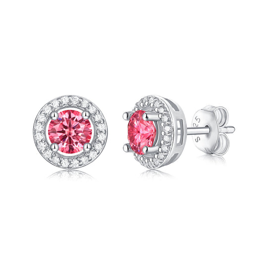 Stella Vallentino Sterling Silver 0.50 Lab-Grown Pink & White Moissanite Round Halo Stud Earrings