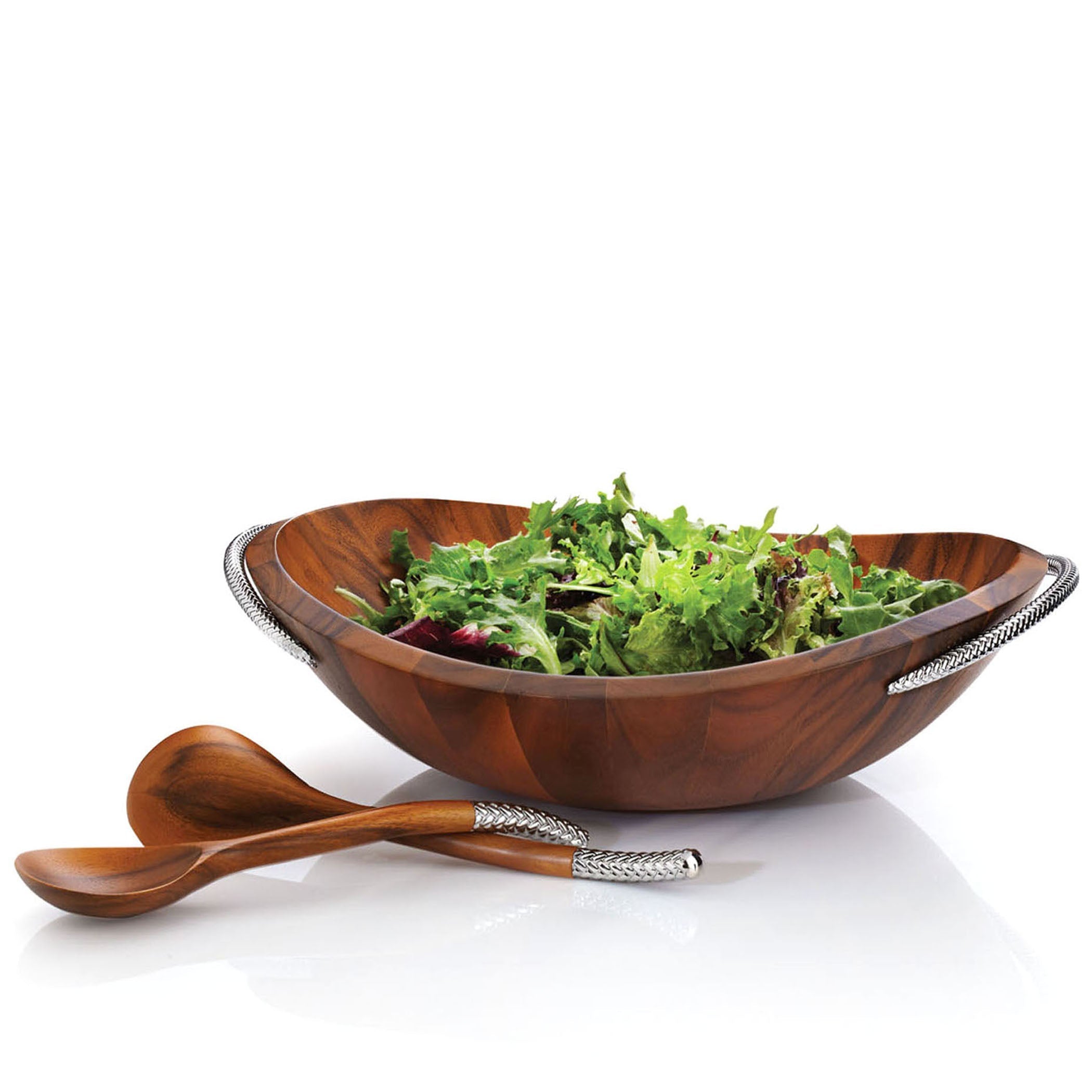  Nambe Braid Salad Bowl with Servers - Brown Wood - Bonton