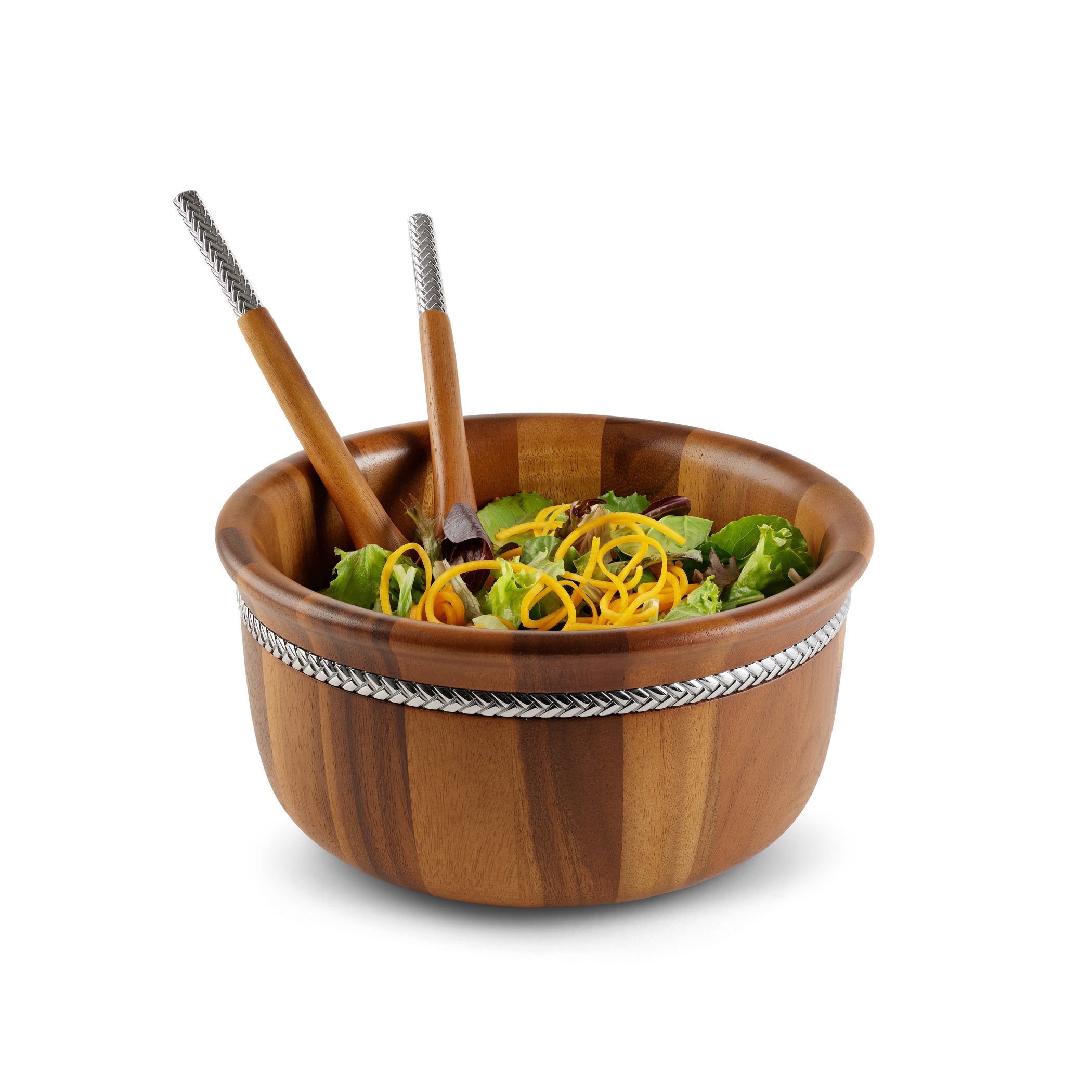  Nambe Braid Round Salad Bowl with Servers - Brown Wood - Bonton