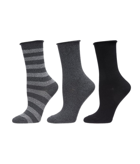 Stripe Roll Top Buttersoft Crew Sock 3 Pack Black Marled