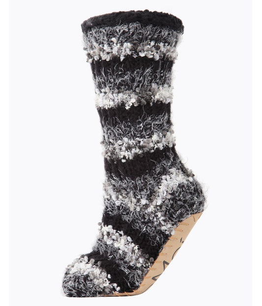 Striped Chunky Knit Plush Lined Slipper Sock Black