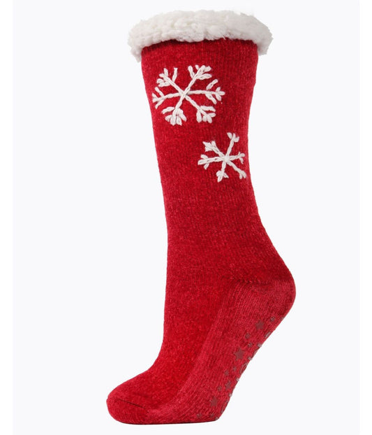 Sweet Snowflake Plush-Lined Non-Skid Slipper Sock Red