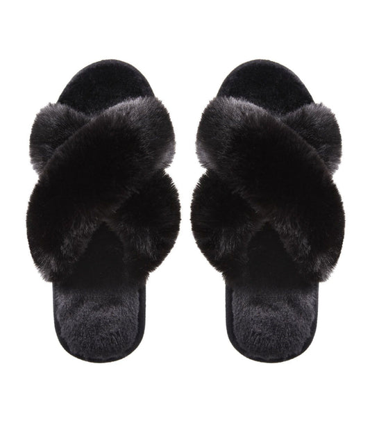 Beverly Faux Fur Open Toe Plush Slipper Black
