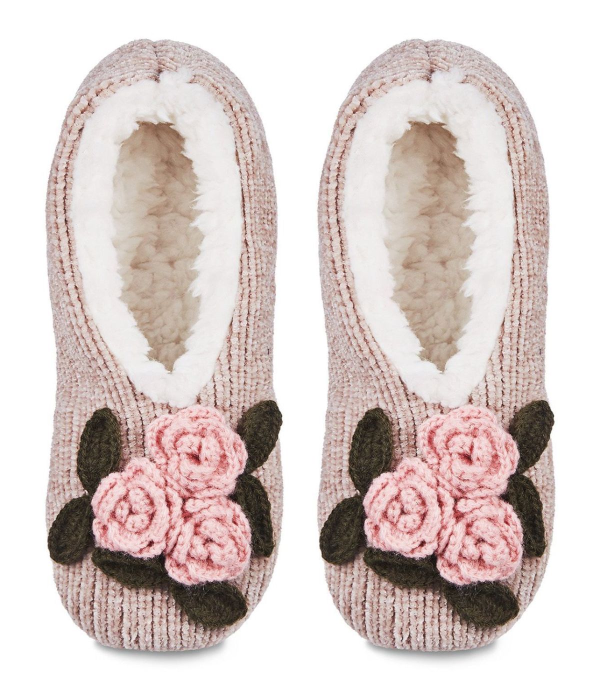 Coming Up Roses Chenille Sherpa-Lined Slippers Taupe