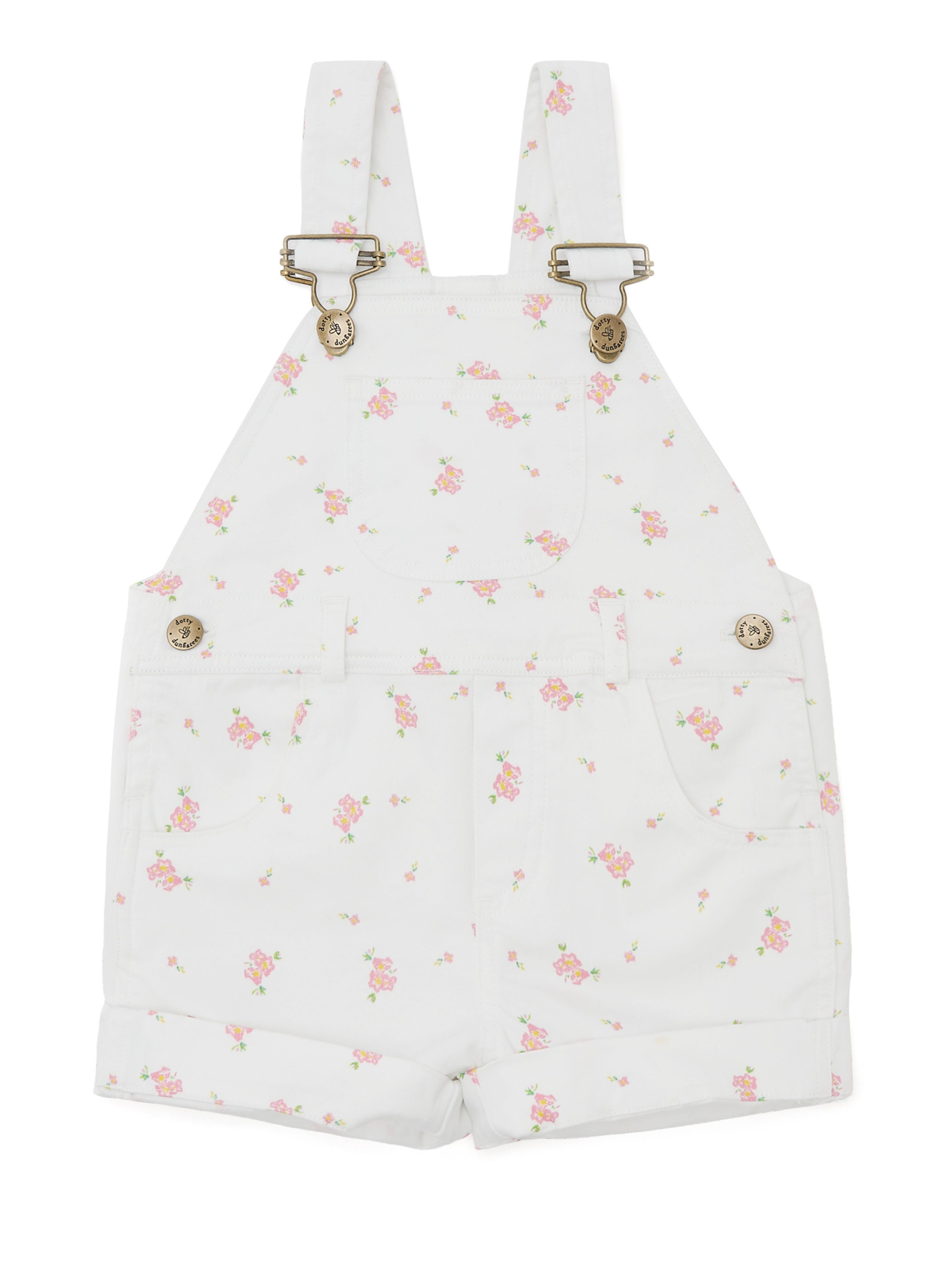  Dotty Dungarees Floral Summer Denim Overall Shorts - Cream - Bonton