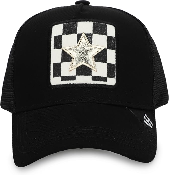  Vintage Havana Vintage Havana Trucker Hat for Women – Black Mesh & Canvas Adjustable Cap With Checkered Patch & Washed Gold Star - Default Title - Bonton