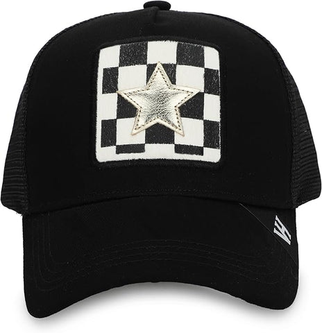 Vintage Havana Trucker Hat for Women – Black Mesh & Canvas Adjustable Cap With Checkered Patch & Washed Gold Star